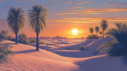 Vibrant desert sunrise illustration showcasing palm trees and softly rolling sand dunes illuminated by warm golden sunlight.
