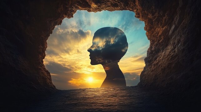 Silhouette of a person with a sunset background, symbolizing the transformative power of positive thinking and motivation in realizing one's dreams.