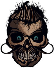 Tête de mort à moustache hipster skull moustachu et crane yeux bleu