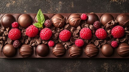 A luxurious rectangular chocolate bar adorned with ripe raspberries and assorted truffles, decorated with chocolate chips on a rustic dark surface highlighting elegance.