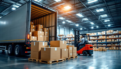 A semi truck at a warehouse, forklift loading boxes, organized and efficient setting.