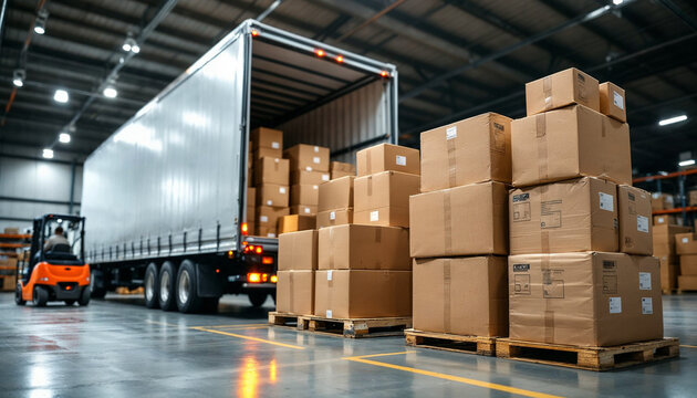 A semi truck at a warehouse, forklift loading boxes, organized and efficient setting.