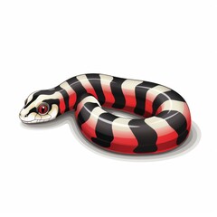 Colorful cartoon illustration of a coiled snake featuring vibrant red, black, and white stripes, showcasing its smooth scales and distinct facial features for educational purposes.