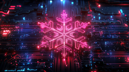 Obraz premium A futuristic snowflake on a printed circuit board, illuminated with neon colors.