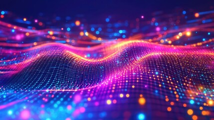 An abstract illustration of a digital world, composed of wireframes and light grids; surrealistic, multicolor hologram effect, futuristic art style