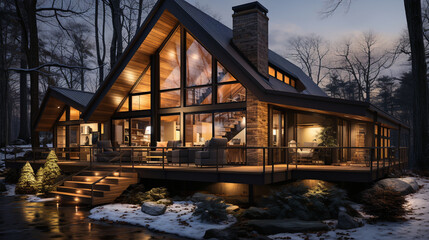 Obraz premium A modern Scandinavian house with a snow-covered roof and a minimalistic winter landscape.