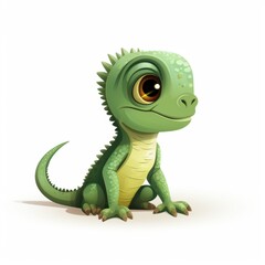 Fototapeta premium Cute and Playful Green Lizard Character with Big Eyes Sitting on a White Background, Perfect for Children's Illustrations and Fun Designs