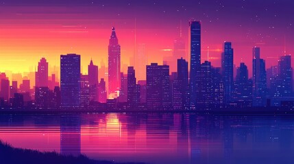Fototapeta premium City Skyline at Twilight Glowing skyscrapers reflect on calm waters with a stunning gradient of pink, orange, and purple hues creating an urban paradise.