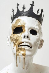 Naklejka premium Abstract Stoic Sculpture Skull with Crown Surreal Artistic Portrait with Liquid Gold Dripping