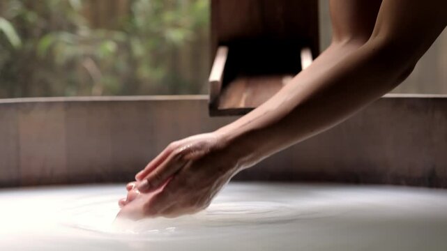 Young black, asian woman hands touching the surface of the water. Unidentified girl getting ready to take a milk bath. White japanese onsen bathing. Body care routine in bathroom. Spa advertising. 
