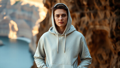 Obraz premium Casual young man wearing a hoodie in a stylish urban outdoor backdrop