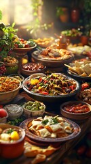 Fototapeta premium Festive mexican buffet with enchiladas, rice, beans, and salsa in vibrant atmosphere. Mexican Food. Ultra realistic. Photorealistic hypermaximalist advertising photography hyper realistic fine detail