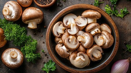 A rustic yet vibrant arrangement of freshly picked mushrooms in a bowl, accented with herbs, capturing the essence of nature's bounty and culinary exploration.