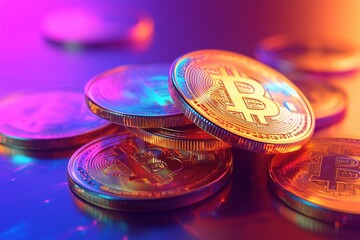 A stack of golden coins with a bitcoin sign in an iridescent holographic style