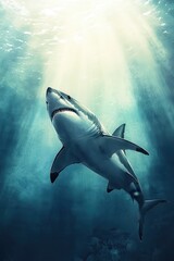 Obraz premium Majestic Great White Shark Gliding Beneath Sunlight in Crystal Clear Ocean Water, Showcasing Powerful Body and Sharp Teeth in Underwater Nature Scene