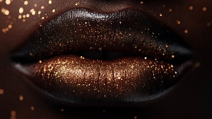 Artistic depiction of dark lips adorned with golden glitter, showcasing contrast and elegance, creating a powerful and dramatic visual statement effortlessly.