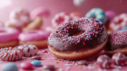 Close-up of pink donuts with frosting with multicolored sprinkles.