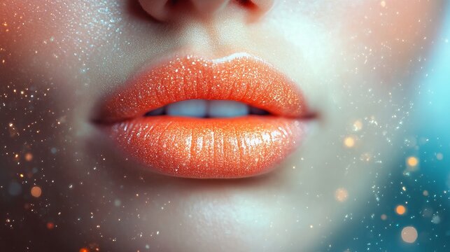 Close-up image of lips with orange glitter, offering a glamorous and enchanting appearance, showcasing a shimmering and vibrant color palette artistically.