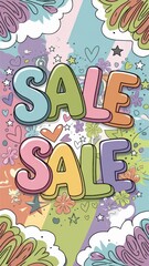 Big colorful sale sign on a floral background with hearts and stars