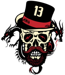 Tête de mort à moustache et barbe hipster skull moustachu et crane barbu chapeau numéro 13 dragon tribal