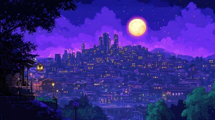 Fototapeta premium Enchanting purple city skyline under a full moon at night, featuring a vibrant synthwave aesthetic with illuminated buildings and a starlit sky.
