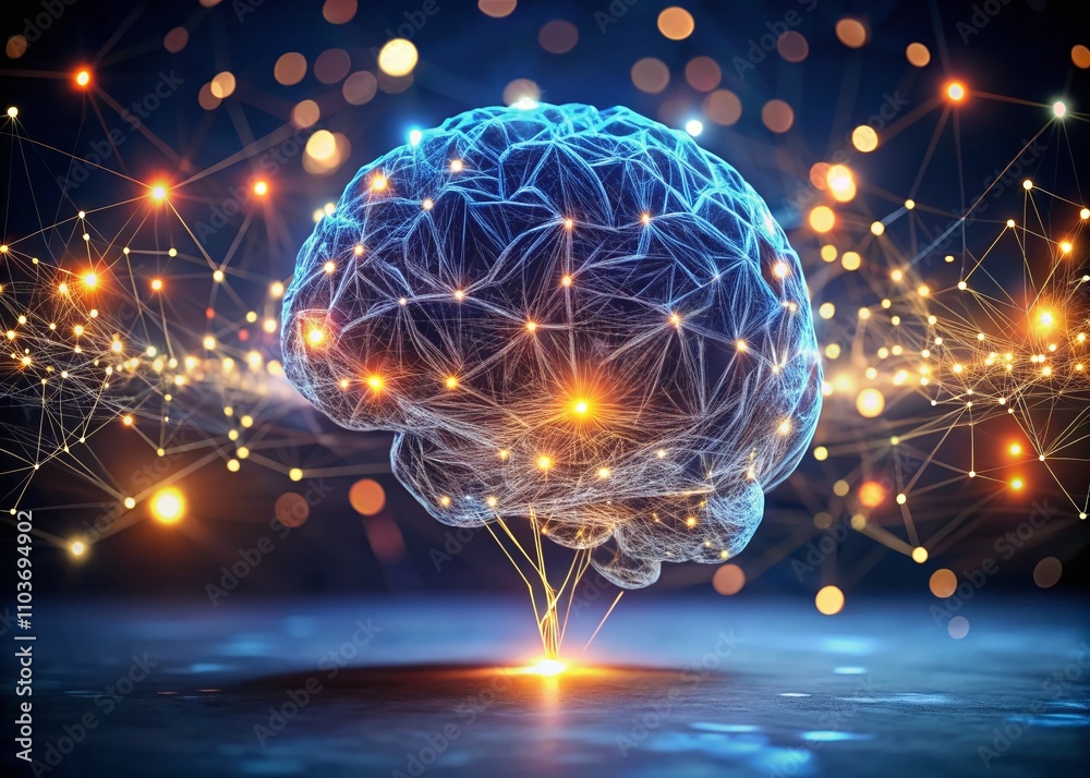 Poster minimalist brain illustration showcasing neurons and synapses as data visualization elements for dat