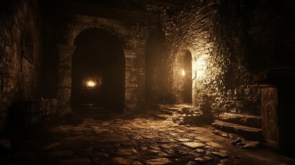A dark, mysterious underground stone corridor lit by warm torchlight, showcasing ancient arched doorways and timeworn stone walls, evoking a sense of adventure.