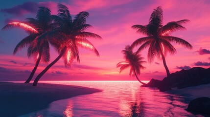 Neon illuminated palm trees contrasting against a serene beach with a vibrant pink and purple sunset sky reflecting on calm waters