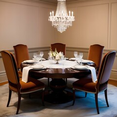 Round dining table idea, five chairs, large space, medium size, minimalistic design.