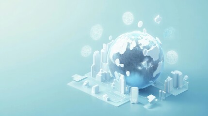 Obraz premium An isometric 3D illustration of a networked globe, surrounded by floating icons representing global connectivity; clean vector style, light blue tone