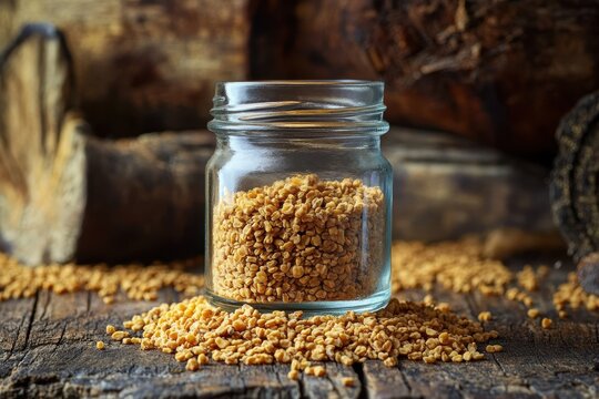 Organic fenugreek tea and seeds Fenugreek seeds in a jar Infused aromatic seeds