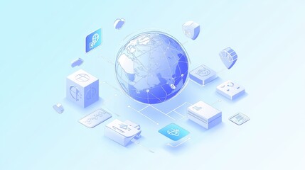 An isometric 3D illustration of a networked globe, surrounded by floating icons representing global connectivity; clean vector style, light blue tone