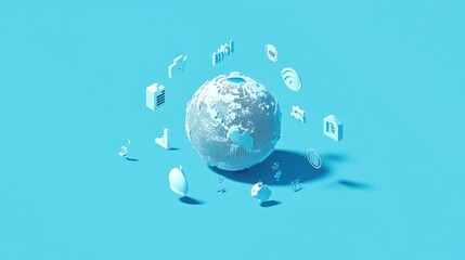 Obraz premium An isometric 3D illustration of a networked globe, surrounded by floating icons representing global connectivity; clean vector style, light blue tone