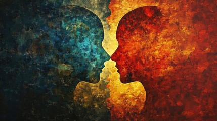 Stylized illustration of two faces in contrasting colors symbolizing schizophrenia and mental health struggles with a vibrant abstract background.