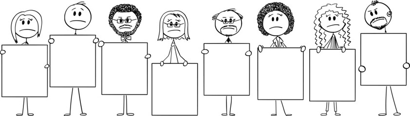 Unhappy multiracial diverse team holding empty sign , vector cartoon stick figure or character illustration.
