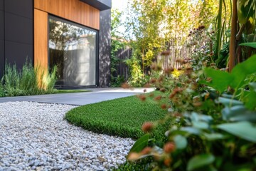 Fototapeta premium Ornamental garden surface with synthetic turf pebbles and exposed aggregate