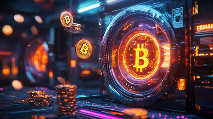 Obraz premium Glowing Bitcoin coins orbit a futuristic mining rig Stacks of coins sit nearby Neon lights illuminate the scene emphasizing the digital currencys technological aspect