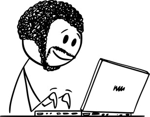 Black man or African ethnicity businessman working on computer, vector cartoon stick figure or character illustration.