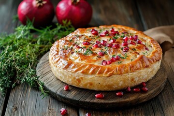 Ossetian cheese pie on a wooden table with herbs and pomegranates