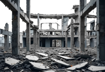 Destruction and debris fill the remains of a concrete building in a deserted urban area following a significant disaster  on transparency background