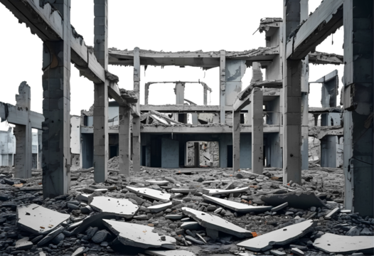 Destruction and debris fill the remains of a concrete building in a deserted urban area following a significant disaster  on transparency background