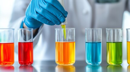 Scientist in gloves using pipette to transfer colorful liquids in a laboratory setting with test tubes.