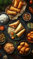 Fototapeta premium Selection of asian food- spring roll, samosa, fried noodles, soup, rice and dumpling. chinese food. Ultra realistic. Photorealistic hypermaximalist advertising photography hyper realistic fine detail