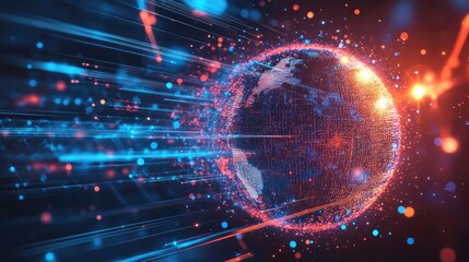 Obraz premium An illuminated digital Earth spinning in a virtual interface, surrounded by data streams and light particles; VR-inspired style, vibrant colors, futuristic