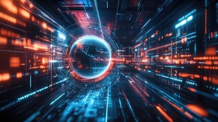 Fototapeta premium An illuminated digital Earth spinning in a virtual interface, surrounded by data streams and light particles; VR-inspired style, vibrant colors, futuristic