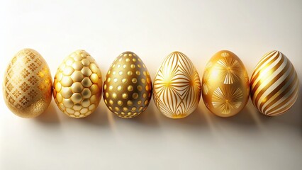 Fototapeta premium Minimalist Easter Composition Featuring Golden Decorated Eggs in a Row on a White Background, Perfect for a Happy Easter Card with Ample Copy Space for Text, Top View Flatlay