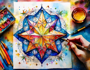 A stunningly detailed and colorful illustration of a stained glass lantern, with intricate patterns and a star-shaped center