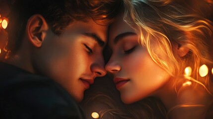 Intimate close-up of a couple sharing a tender moment, showcasing their serene expressions and warmth, illuminated by soft lights in a cozy atmosphere.