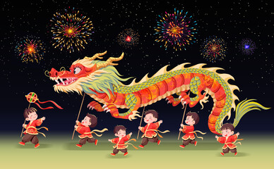 A group of boys in Chinese-style costumes perform a dragon dance in the Year of the Dragon