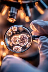 Scientist using magnifying glass to examine cellular agriculture cells, close-up on process